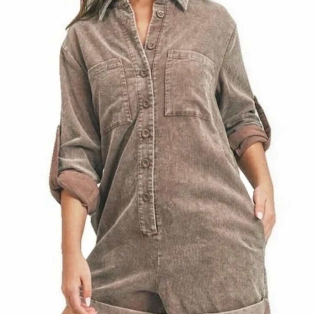 Brown Button-Up Corduroy Romper